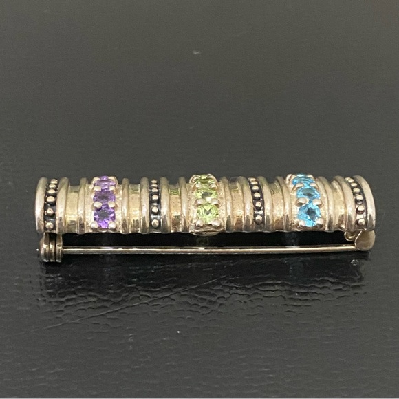 Vintage CID 925 Sterling Signed Amethyst Blue Topaz Peridot Bar Pendant Brooch - Picture 4 of 16